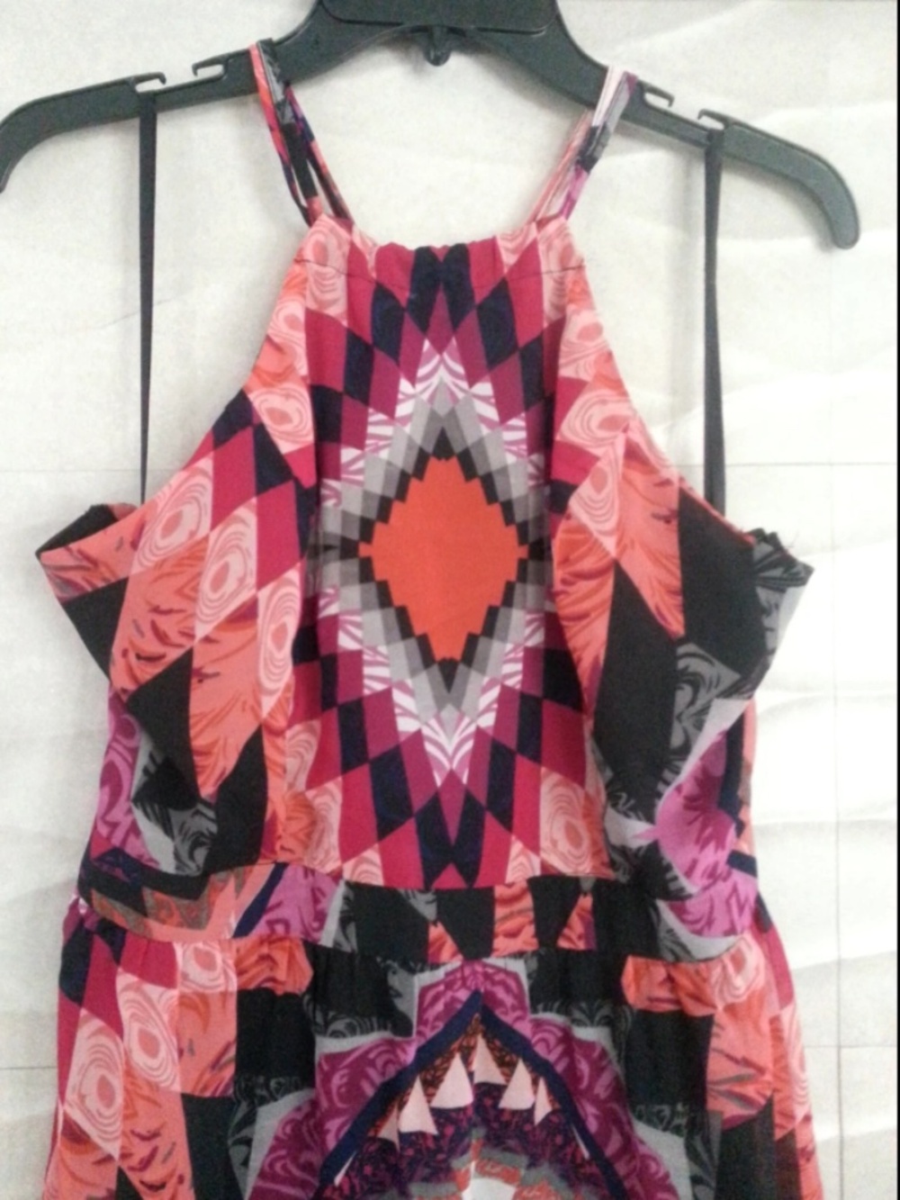 New bebe 2b Orange black pink straps cutout back halter dress L - Picture 2 of 5